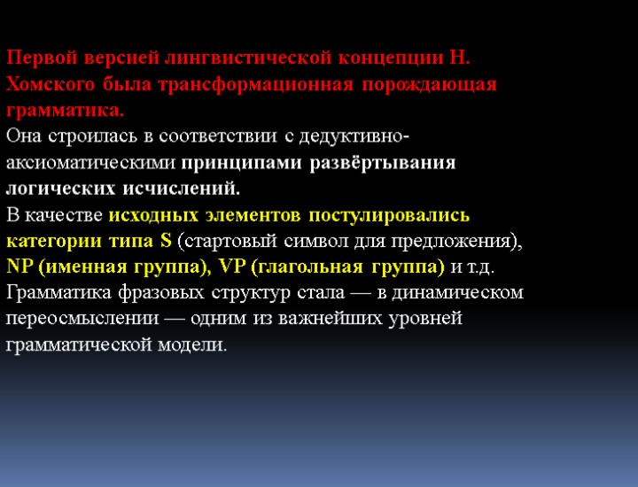 Первой версией лингвистической концепции Н. Хомского была трансформационная порождающая грамматика. Она строилась в соответствии
